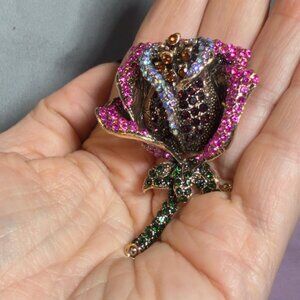 Rose Brooch Rhinestone 3D Flower Statement Pin 2.5 Inch